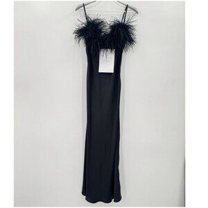 Sleeper Black Boheme Satin Midi Slip Dress with Feather Trim size M Medium $390